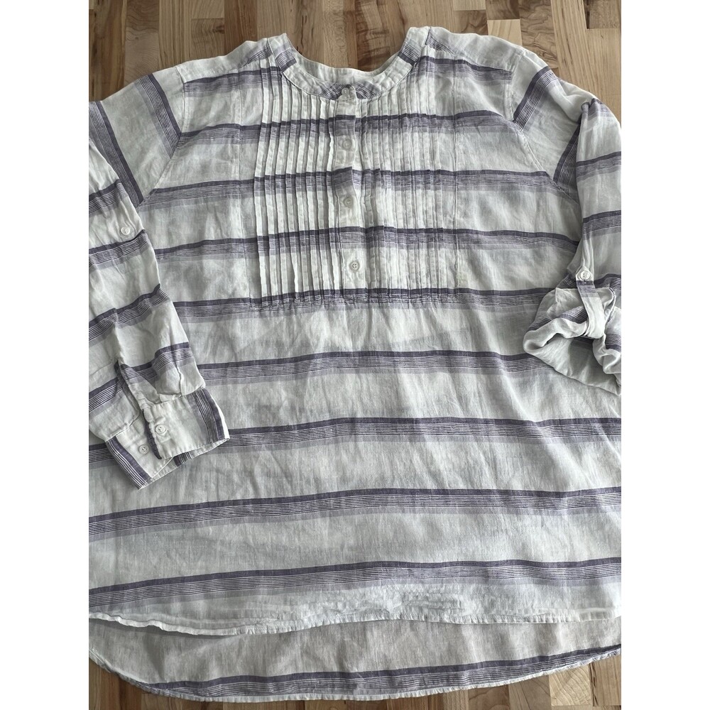 Lane Bryant Tunic Shirt Roll Tab Pintuck Cotton/Linen Purple White Stripes 22/24